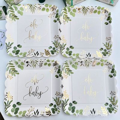 【CW】ஐ  8Guests Gold Oh Baby Disposable Tableware Jungle Leaves Napkin Plate Cup Shower Boy Babyshower Supplies