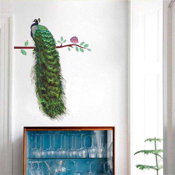 wallpaper-sticker-for-wall-xunjie-home-decor-feathers-living-room-3d-wall-stickers-animals-wall-decals-peacock-on-branch