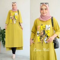 Priskila Cell Liora Midi Dress BL Combed Material 24S Application Screen Printing Robe Midi Casual Jumbo Size M L XL 2XL Fabric Jersey Midi Dress Women Kekinian Tunic Teenage Muslim Outfit Hijab Casual Simple Size