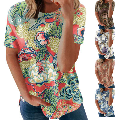เสื้อยืดแขนสั้นย้อนยุคสำหรับผู้หญิงแขนสั้นพิมพ์ลายคอกลมฤดูร้อนเสื้อเสื้อยืดผู้หญิงฤดูร้อน