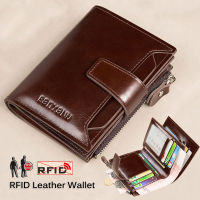 Mens Genuine Leather RFID Blocking Trifold Wallet Short Vintage Multi function Credit Card Holder Coin Zipper Pocket Money Bags