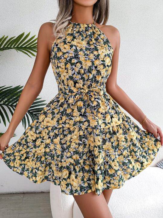 women-summer-casual-floral-print-ruffle-halter-dress