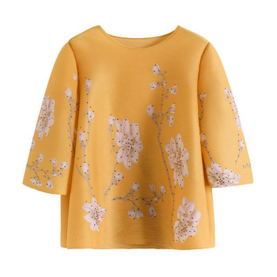 New Womens Floral Print Pleated Blouse Loose Plus Size Three-quarter Sleeve Pleated T-shirt