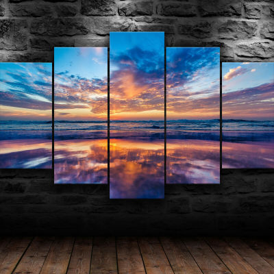 Sea Side Sunset Horizon ผ้าใบ Wall Art บทคัดย่อพิมพ์ตกแต่งบ้านโปสเตอร์ภาพวาด-HD พิมพ์ภาพ-5แผง-5ชิ้น