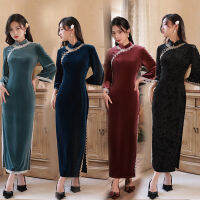 2022และกำมะหยี่สีทองยาวย้อนยุคเรียบง่ายบางขนมปังเสื้อผ้าหนุ่ม Cheongsam