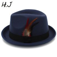 Mens Feminino Felt Fedora Hat For Dad Winter Autumn Wool Church Roll Up Brim Homburg Jazz Hat Feather Hat