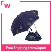 Parasol พับแรเงาป้องกันแสง UV-Cut 3-Stage พับ Parasol Rainy Rain ร่มน้ำหนักเบาเย็บปักถักร้อย Swarovski (Navy)