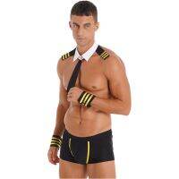 Mens Sexy Captain Lingerie Erotic Cosplay Costumes Low Rise Elastic Waistband Boxer Shorts and Collar Striped Cuffs Set