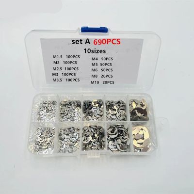 Set kotak beragam Kit 690/1000 buah cincin penahan eksternal baja tahan karat M1.2 ke M15 304 klip E jepit melingkar untuk poros
