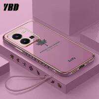 YBDเคสมือถือชุบโลหะขอบตรง สำหรับ Vivo Y35 2022 4G เคสป้องกันกล้องแม่นยำใบเมเปิลเคสกันกระแทกพิมพ์ลายพร้อมฟรีสายคล้อง