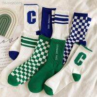 ◙☃ Online Celebrity Trend Letter Big C Socks Women Spring and Summer New Ins Checkerboard Socks Blue-green Striped Letter Socks DL