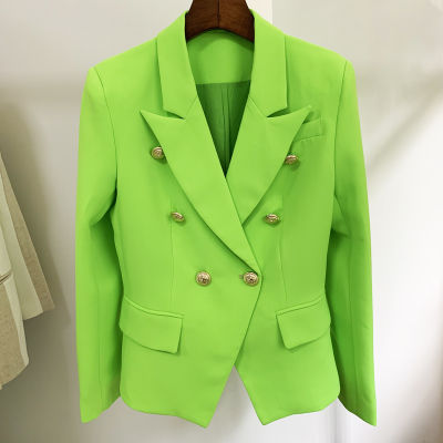 HIGH STREET Newest 2021 Designer Jacket Womens Classic Lion Buttons Double Breasted Slim Fitting Blazer Neon Green