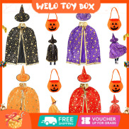 3pcs Halloween Costume Set Wizard Cape Witch Cloak With Pumpkin Pocket Hat