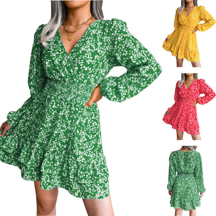 New Womens Spring Fashion Floral Print Long Sleeve Mini Dress Female