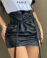 Lace-up High Waist PU Leather Mini Skirt Nightclub Sexy Personality Europe and America Fashion Womens Clothing 2023