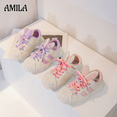 AMILA รองเท้าผ้าใบเด็กจี้การ์ตูนเด็กผู้หญิง,รองเท้าวิ่งใหม่รองเท้าแผ่นลำลองหูกระต่าย
