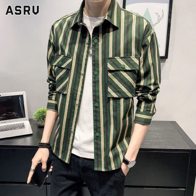 ASRV เสื้อเชิ้ตชาย เสื้อเชิ้ตผู้ชาย เสื้อเชิ้ตลำลองชาย shirts for men เชิ้ตผู้ชาย เสื้อแขนยาวเสื้อเชิ๊ตลายทางใส่สบายหลวมของผู้ชายสามารถทับเสื้อผู้ชายได้