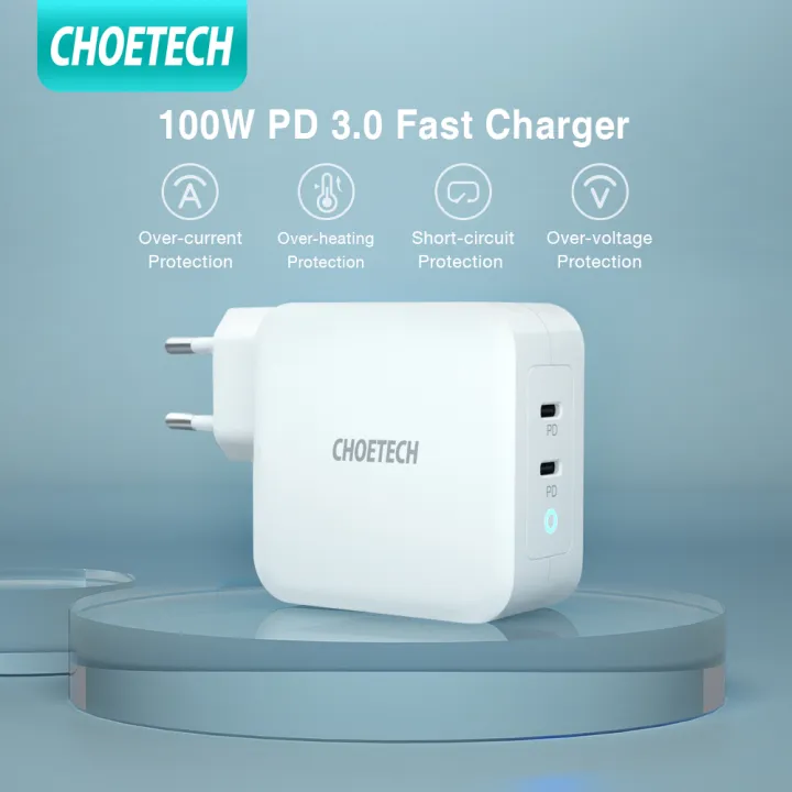 CHOETECH 100W USB Charger power Delivery 3.0 Fast Charger 2 USB C & GaN TechType C Dinding Charger Adaptor