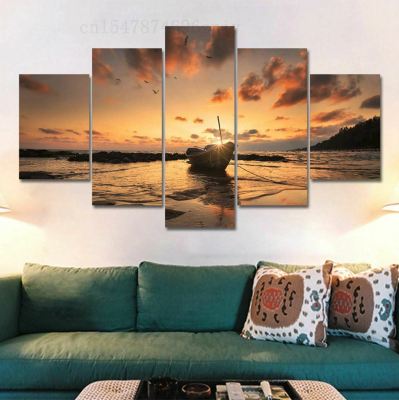 Sea เรือใน Sunset Beach ผ้าใบ Wall Art ภาพวาดภาพวาดภาพวาด Room Decor ภาพโปสเตอร์ HD พิมพ์ Home Decor