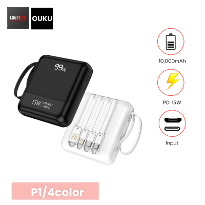 OUKU P1 power bank 10000mAh แบตสำรองพร้อมสายชาร์จในตัว หน้าจอLED แสดงสถานะแบต ชาร์จพร้อมกันได้หลายอุปกรณ์