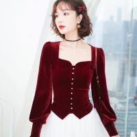 Korobov Vintage Elegant Volvet Long Sleeve Blouses Women Sequare Collar Autumn Shirts Female Single Breasted Blusas Mujer