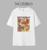 NUZIRO เสื้อยืดแขนสั้นทรงหลวมพิมพ์ลายสีดอกฝ้ายสไตล์เกาหลี