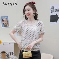 Luxqlo เสื้อเบลาส์ผู้หญิงลายจุดเป็นคลื่นแขนเสื้อแขนสั้นคอกลมเสื้อหลวมๆสบายๆลายจุดขนาดพลัสไซส์