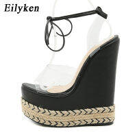 Eilyken New Design Straw Rope Weaving Thick Bottom Wedges Sandals Fashion Open Toe Ankle Cross Lace-up Platform High Heels Shoes