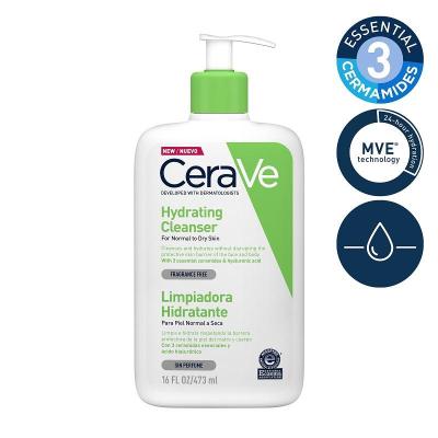CeraVe Hydrating Cleanser 473 ml ผลิตภัณฑ์ทำความสะอาดผิวหน้าอย่างอ่อนโยน เหมาะสำหรับผู้ที่มีผิวธรรมดา - ผิวแห้ง อ่อนโยน เนื่องจากเป็นสูตรปราศจากน้ำหอม ไม่ก่อให้เกิดการอุดตัน (Non-comedogenic) และ ก่อให้เกิดการแพ้ต่ำ (Hypoallergenic)