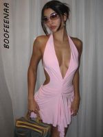 【HOT】¤ BOOFEENAA Y2k Pink Backless Drop Waist Asymmetrical Ruched Deep V Halter Dresses Outfits C82-CC22