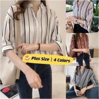 COD dhdfxcz Womens Plus Size 3/4 Sleeve Office Blouse Striped Formal Office Wear Shirts Striped Business Blouse For Big Size V Neck Stripes Tops Women Formal OL Wear Work Wear Chiffon Shirt Stripes Daily Blouses Satin Blouse Fashion Korean Style Blouse