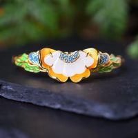 Enamel porcelain craftsmanship inlaid natural Hetian jade fan-shaped bracelet classical Chinese style ladies silver jewelry