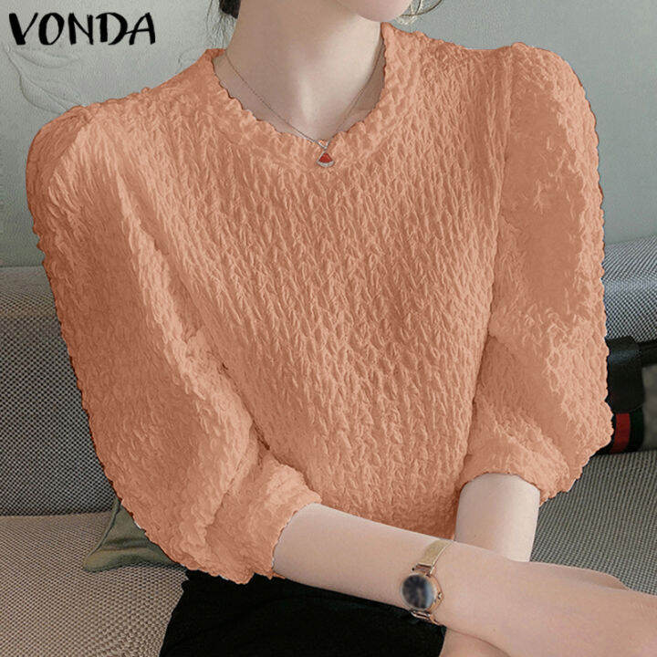 จัดส่งฟรี-fancystyle-vonda-เสื้อหนาคอกลมอเนกประสงค์ของผู้หญิงเสื้อจับจีบแขน3-4สำนักงานเดินทาง