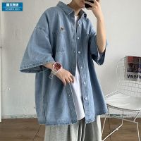 Bear Embroidered Denim Short Sleeve Shirt Mens summer half Sleeve coat thin ruffian handsome trend camisa shirts streetwear