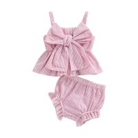 Infant Baby Girls Summer Outfit 2Pcs Sets Pink Sleeveless Bowknot Camisole + Ruffle Striped PP Shorts  by Hs2023