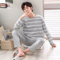 Pajamas Sets Male Striped Full Pure Cotton Carton Fashion Men Long Sleeve Sleepwear Suit 2 Pieces Casual Spring Home Lounge Gift