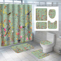 Chinese Style Flower and Birds Tree Shower Curtain Set Bathroom Bathing Screen Anti-slip Toilet Lid Cover Carpet Rugs Home Decor