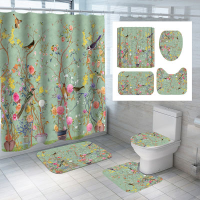 Chinese Style Flower and Birds Tree Shower Curtain Set Bathroom Bathing Screen Anti-slip Toilet Lid Cover Carpet Rugs Home Decor