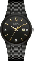 Bulova Mens Modern Gold Tone Stainless Steel 3-Hand Calendar Date Quartz Watch, Diamond Dial Black Ion-Plated