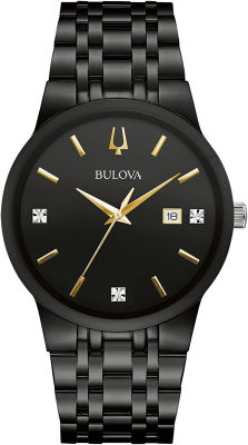 Bulova Mens Modern Gold Tone Stainless Steel 3-Hand Calendar Date Quartz Watch, Diamond Dial Black Ion-Plated
