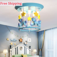 Childrens Room Wooden Horse Chandelier Princess Room Cartoon Simple Bedroom Eye Protection Ceiling Lamp Lighting