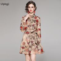 European and American Fashion All-Match Waist Slimming Positioning Printed Dress (with Belt)