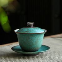 Gaiwan วินเทจสำหรับหม้อชาพร้อมฝาปิดชุดพิธีชงชาน้ำชากังฟูสีเขียวถ้วยกาแฟชามใส่ชา Chawan 150มล.