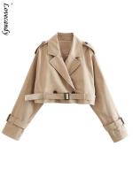 【CW】Women S Cropped Trench Khaki Lapel Collar Jackets Coat Female Long Sleeve With Belt Single Button Short Jacket Spring Streetwear