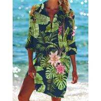 blouses women new style 2023 blouses women semi formal New Hawaii Beach Floral 3D Print Blouses Women Long Sleeve Mid-length Shirts Vintage Buttons Shirt Blouse Sexy Girl Pocket Tops