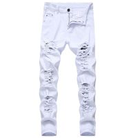 【YD】 Mens Jeans Fashion Hip Hop Ripped Men Denim Trousers Stretch Distressed Zip Jean Pants