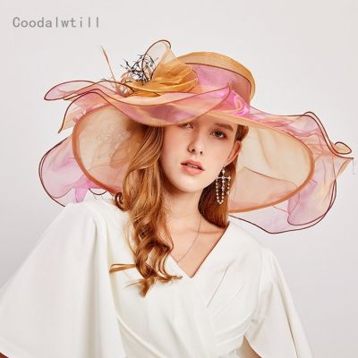 ผ้าโปร่งบางกว้างสำหรับผู้หญิงใส่ในฤดูร้อนหมวกบังแดดปีกกว้างผ้าโปร่งบางสำหรับงานแต่งงานของผู้หญิง Swr-026หมวกชายหาดขนาดใหญ่สง่างามใหม่