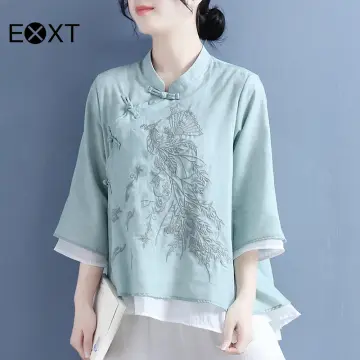 100% Silk Beautiful Woman Portrait Mandarin Collar Blouse Frog