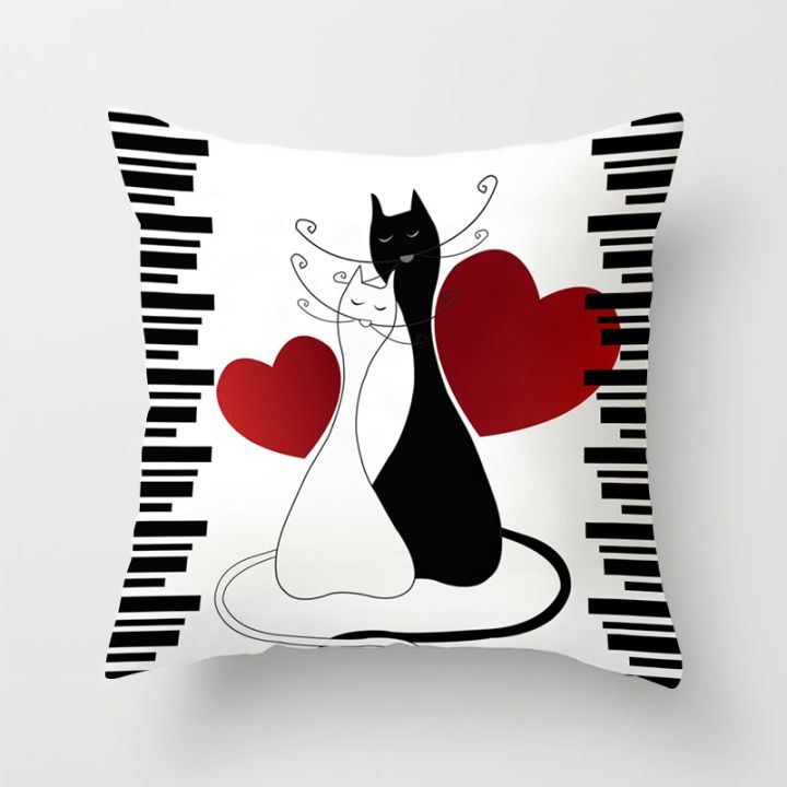 ปลอกหมอนลายแมวคู่รักสีดำน่ารักปลอกหมอน45-45หมอนอิงโพลีเอสเตอร์รถโซฟาการตกแต่งบ้าน-hiasan-kamar