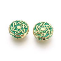 10pc Alloy Beads Flat Round Golden &amp; Green Patina 10x3mm Hole: 1mm